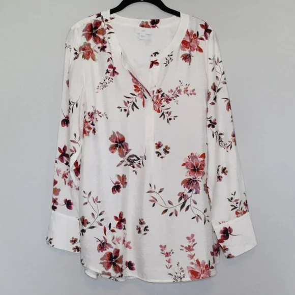 J. Jill Floral Tunic Pullover Top Ivory Red Women's Size Medium H10277 - Picture 2 of 9